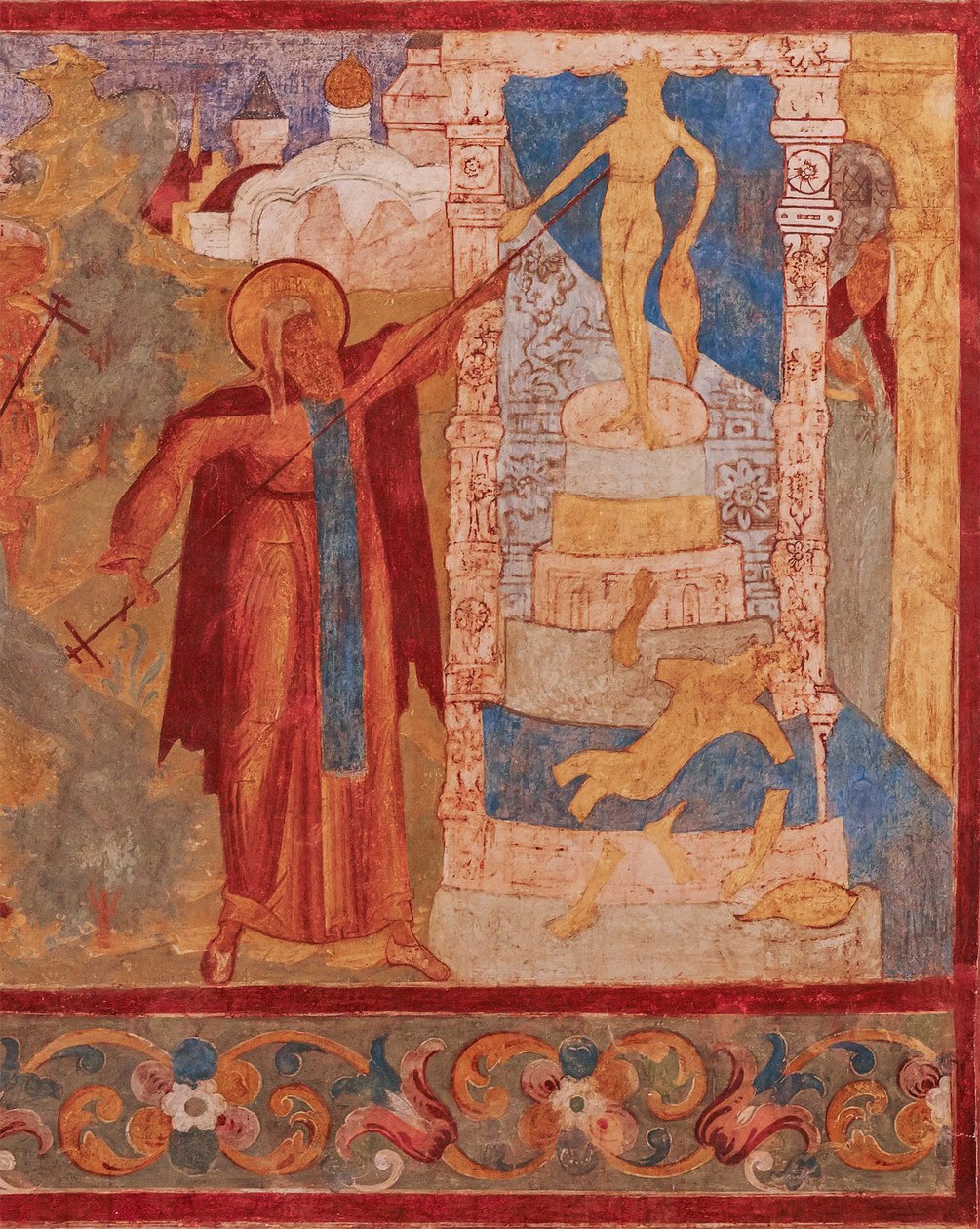 Den helige Abraham av Rostov (mort 1074 eller 1077) detruit les iidoles de Veles - Abraham av Rostov förstör Veles staty. Fresk av Johanneskyrkan Aposteln i Rostov Kreml - Forntida ryska fresker. Häftigt av School Russian