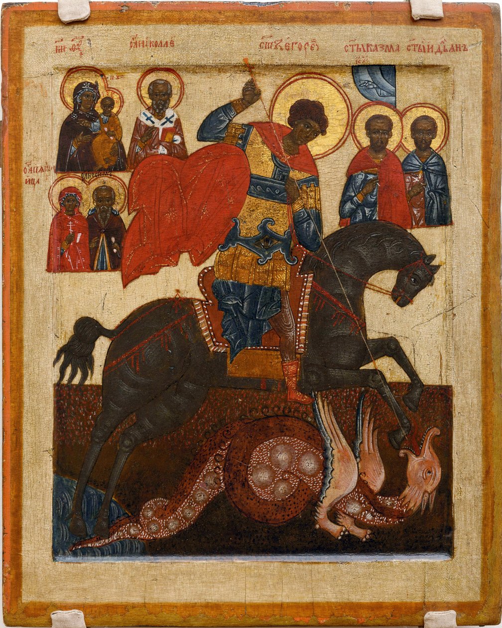 Saint George och draken, omgiven av flera helgon - rysk ikon: Saint George med utvalda helgon. Tempera på panel av School Russian