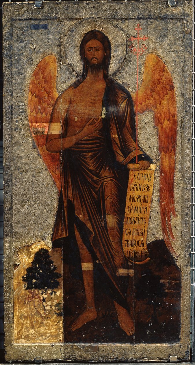 Sankt Johannes Döparen, öknens ängel (John Döparen, viddhetens ängel). Rysk ikon, äggfärg och tempera på trä, sent 1500-tal. Forntida rysk konst. Statens Tretjakovgalleri, Moskva av School Russian