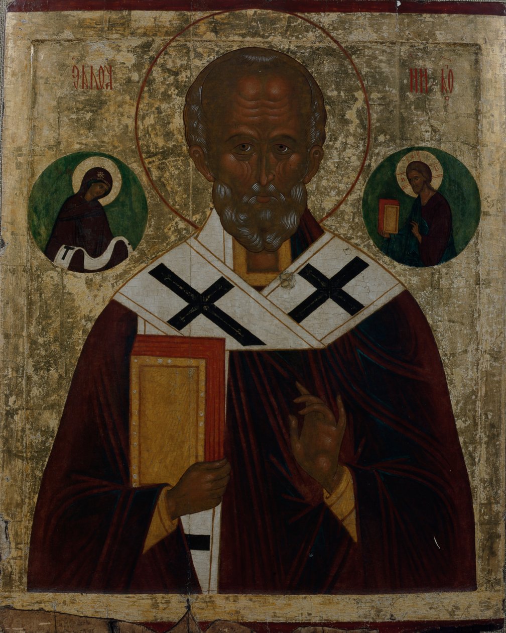 Sankt Nikolaus, ca 1700 (olja på pannå) av School Russian
