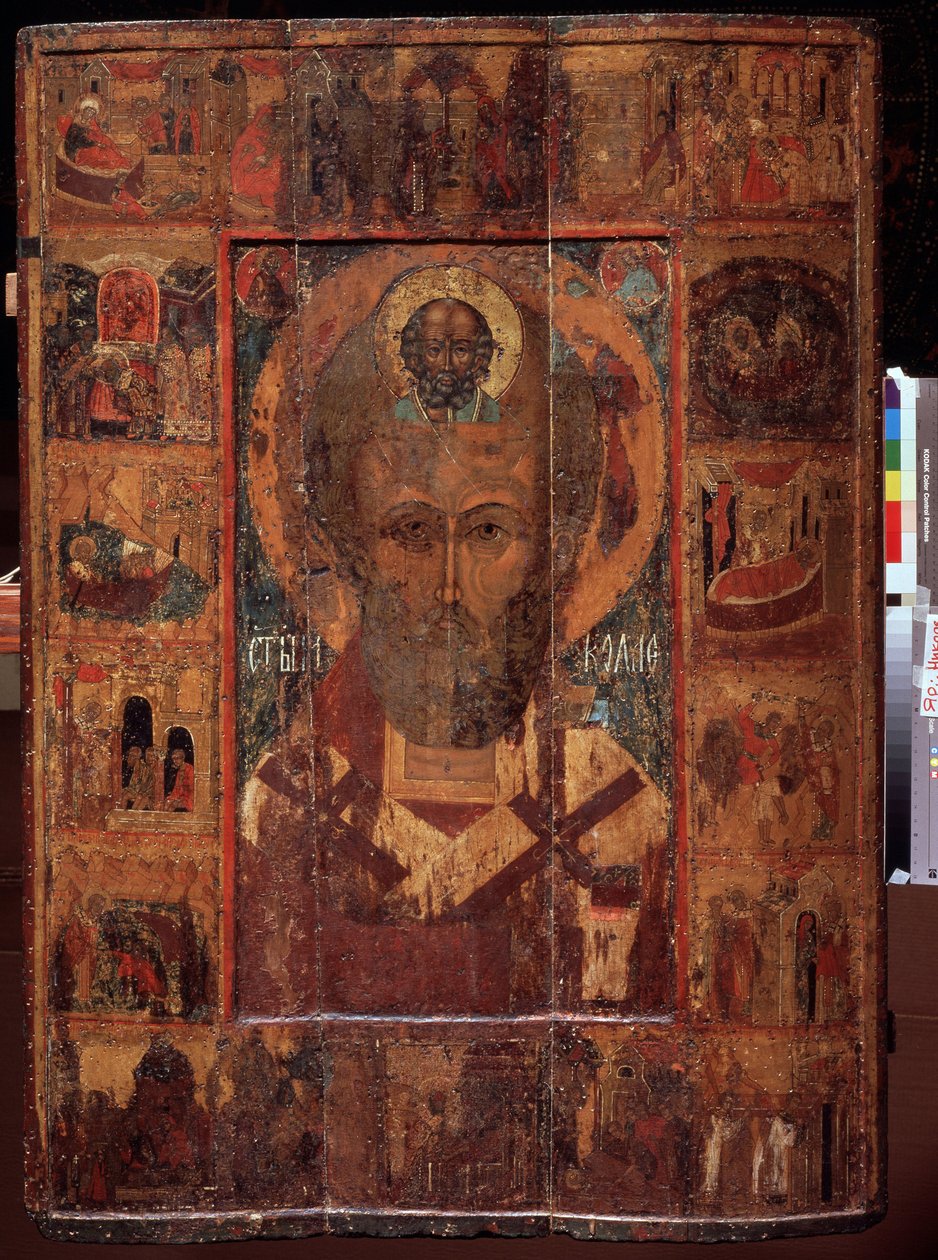 Saint Nicolas de Myre ou de Bari, avec des scenes de sa vie (Saint Nicholas med scener av hans liv). Rysk ikon, tempera på trä, tidigt 1400-tal, antik konst från Yaroslavl (Ryssland). Statens konstmuseum, Yaroslavl (Ryssland). av School Russian