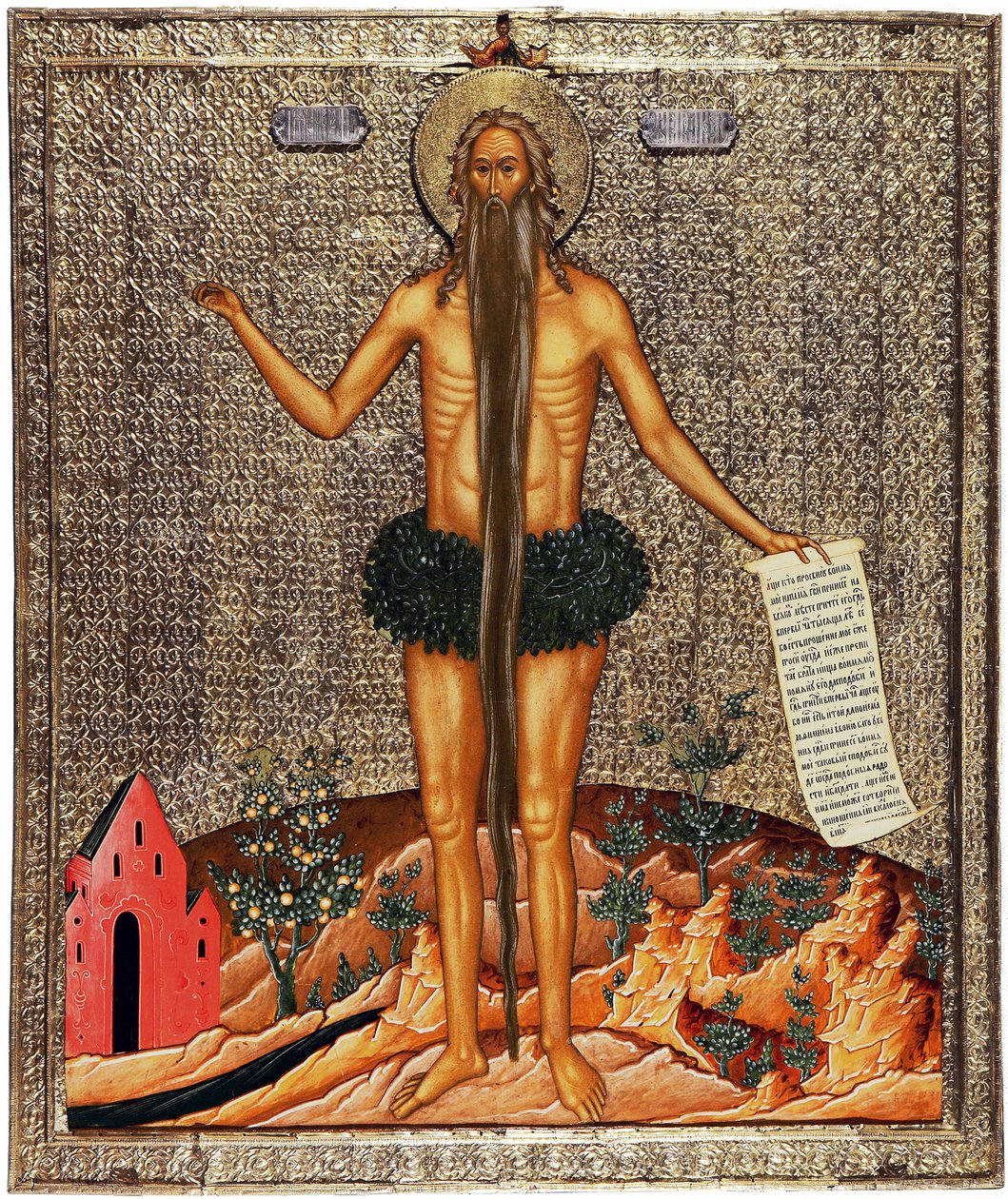Saint Onuphrius (Saint Onuphrius). Onuphre the anchorite eller The Great (300-talet), munk då eremit i Egypten, han är traditionellt representerad med ett långt skägg och grenar som kläder. Anonymt verk från Moskva, tempera på trä, ca av School Russian