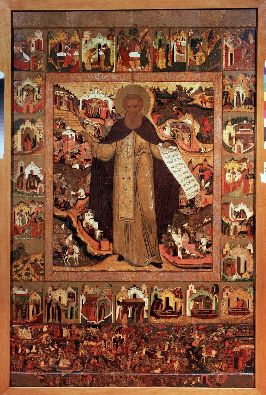Sankt Sergius av Radonege (1313-1392), med scener av hans liv (Saint Sergius av Radonezh med scener av hans liv). Rysk ikon, tempera på trä, cirka 1640. Forntida konst från Yaroslavl (Ryssland). Statens konstmuseum, Yaroslavl (Ryssland). av School Russian
