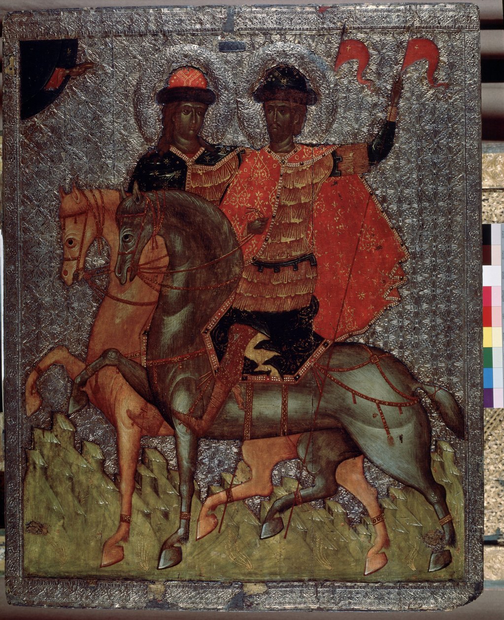 Saints Boris (eller Roman) och Gleb (eller David) på en häst (martyrer 1015) (Saints Boris and Gleb on Horseback). Yngre söner till Saint Vladimir, storprins av Kiev, de utmärktes alltid av sin fromhet, men vid sin fars död, den äldsta Svia av School Russian