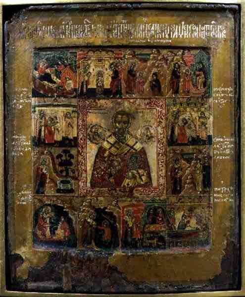 St. Nicholas och scener ur helgonets liv (tempera på panel) av School Russian