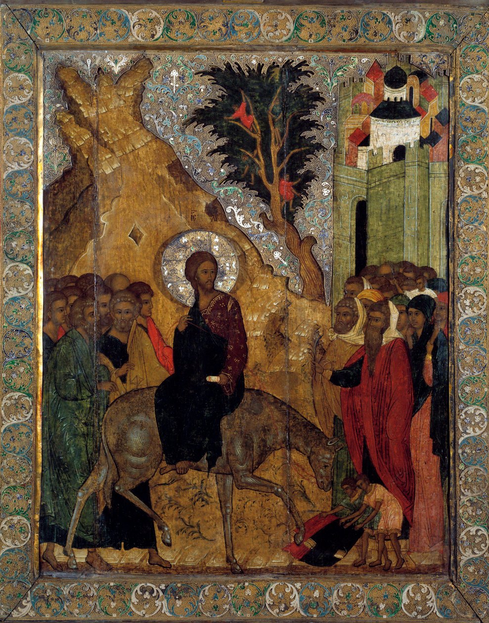 Kristi inskrivning i Jerusalem Ryska ikonen 1560. Museerna i Moskva, Kreml. av School Russian
