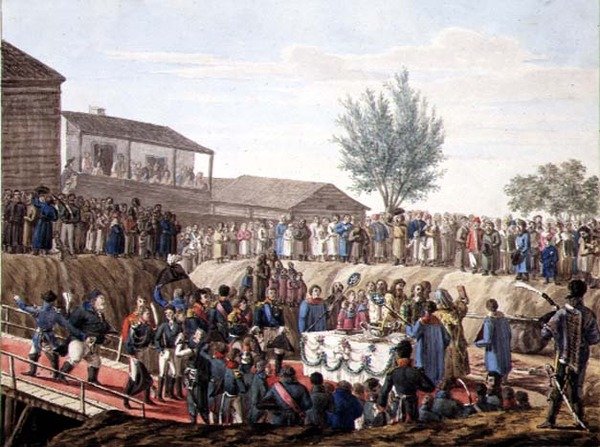 Nedläggningen av den första stenen i tullhuset i Mohiloff 1820 (akvarell på papper) av School Russian