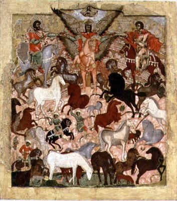 Ärkeängeln Mikaels mirakel, rysk ikon, sent 1600-tidigt 1700-tal (tempera på panel) av School Russian