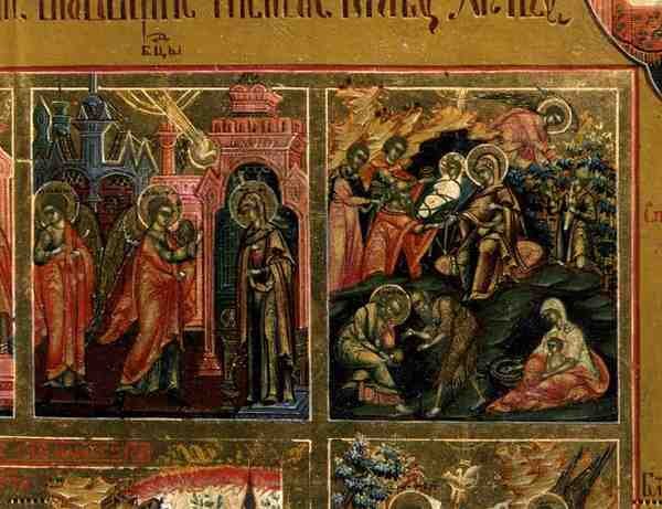 Uppståndelsen och nedstigningen till helvetet, detalj från The Margin of the Feasts som skildrar bebådelsen och födseln (tempera på panelen) av School Russian
