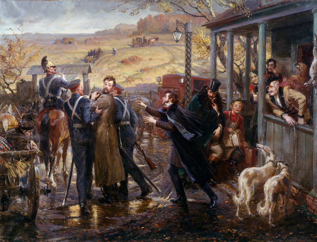 Den ryske poeten Alexander Pushkin (Pushkin) (1799-1837) träffar sin decembristvän Kukhelbacker som avgår till Zabaze järnvägsstation 1827 Målning av den ryska skolan. 1800-talet St. Petersburg, Eremitagemuseet av School Russian