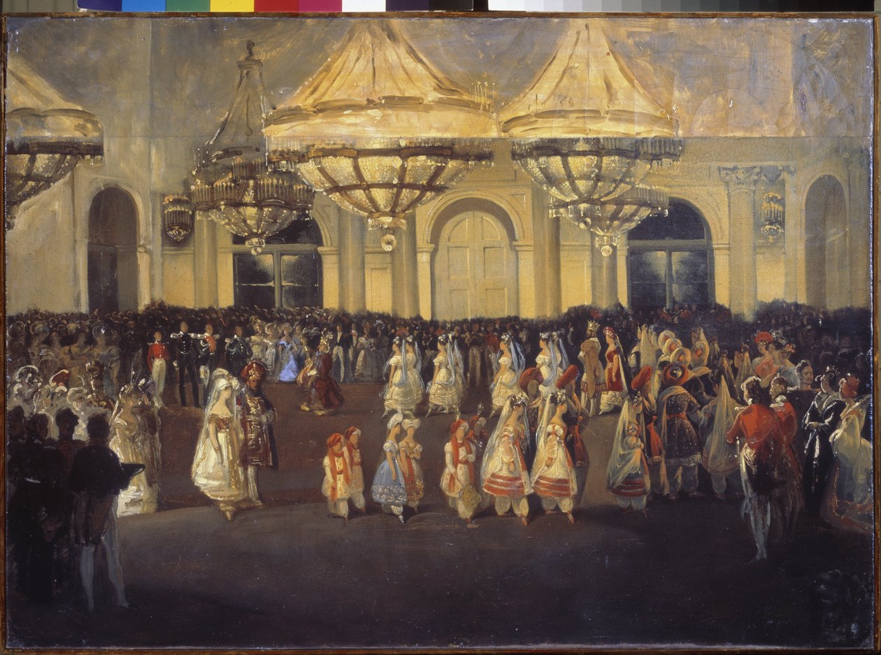 En bal i Vinterpalatset (Sankt Petersburg) under Nicholas I (1796-1855). Målning av en rysk mästare, olja på duk, ca 1830. Rysk konst av School Russian