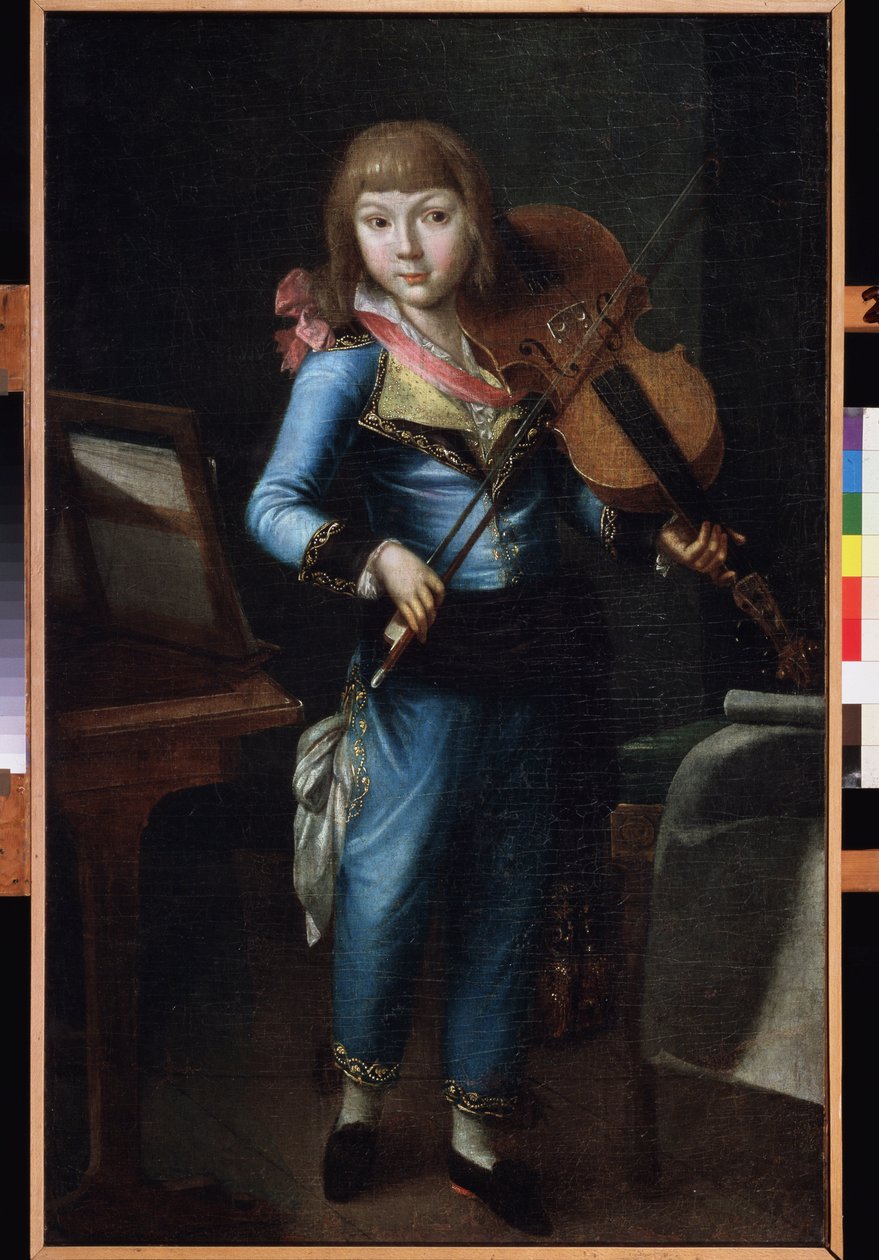 En ung violinist i blå kostym. Målning av en rysk mästare, olja på duk, ca 1790. Rysk konst från 1700-talet. Museum Palace Theatre Ostankino, Moskva. av School Russian