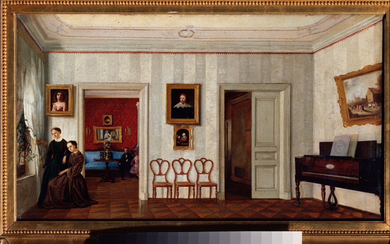 Ett litet rum med ett piano. (Och två kvinnor tittar ut genom fönstret). Målning av en rysk mästare, olja på duk, mitten av 1800-talet. Statens Tretjakovgalleri, Moskva. av School Russian