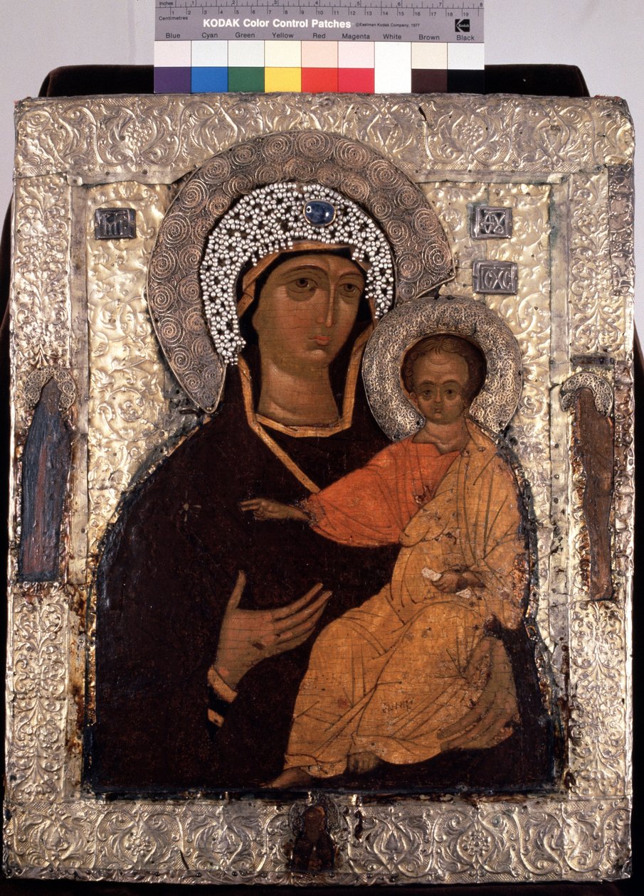 ""Vierge Hodegetria (Hodigitria) "" Icone russe. Peinture sur bois du 14eme siecle. Statens friluftsmuseum för treenigheten Lavra av St. Sergius, Sergyev Possad av School Russian