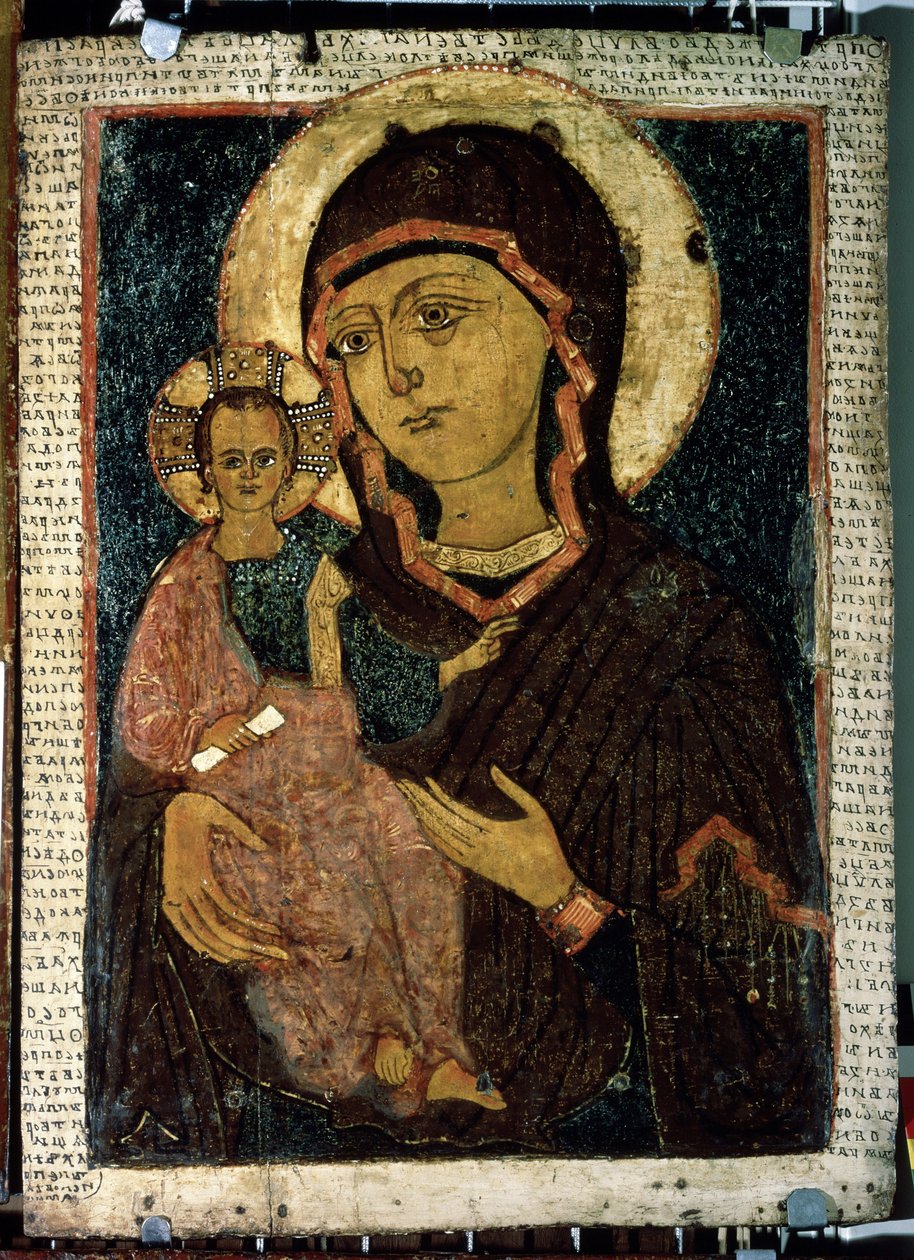 ""Jungfru Hodegetria (Hodigitria)"" Jungfru Maria och Jesusbarnet vars gloria är markerad med ett kors. Rysk ikon. Målning på trä från slutet av 1200-talet. Statens Tretjakovgalleri, Moskva av School Russian