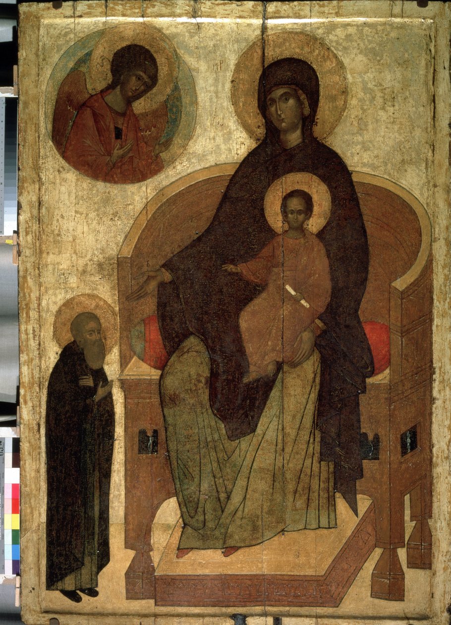 ""Madonna med barn och Saint Sergius"" rysk ikon. Målning på trä från 1400-talets statliga historiska museum, Moskva av School Russian