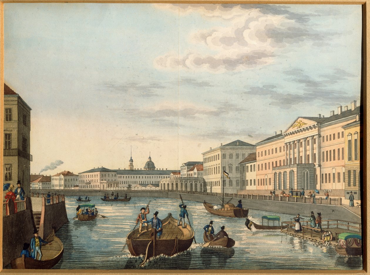 Utsikt över Fontanka-floden i Sankt Petersburg. Anonymt verk, Litografi, akvarellfärgad, ca 1820. Rysk konst av School Russian