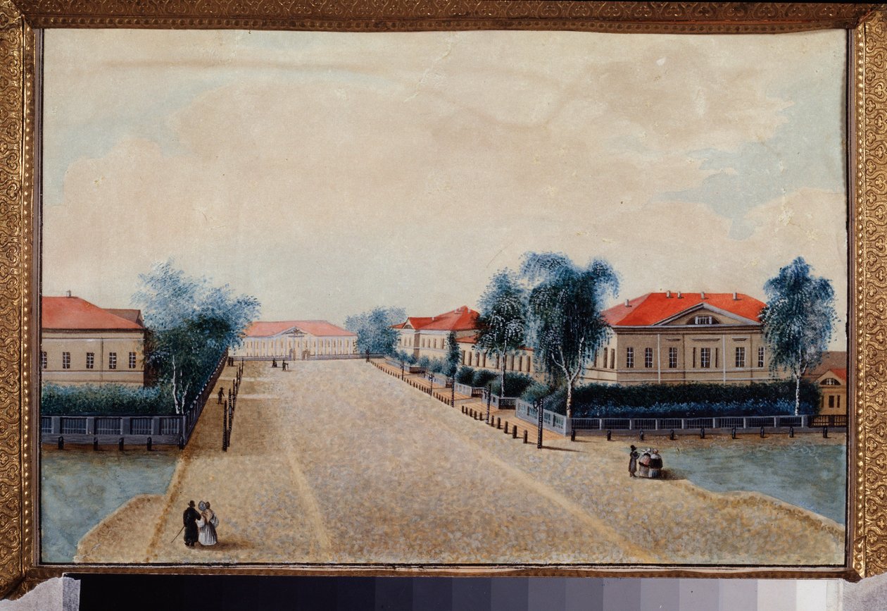 Utsikt över skattkammaren i Tver (Ryssland). Målning av en rysk mästare, olja på duk, ca 1830. Rysk konst av School Russian