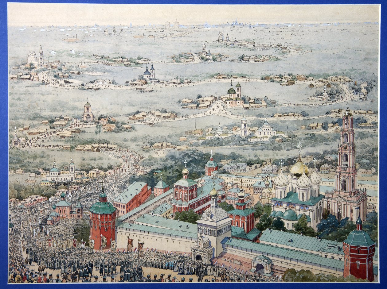 Utsikt över klostret i treenigheten Lavra av Saint Sergius (Trinite-Saint-Serge) i Sergiev Posad med påskprocessionen från Moskva. (Utsikt över Treenigheten Lavra av Sergius i Sergiyev Posad med påskprocessionen från Moskva). Arbete av en mästare r av School Russian