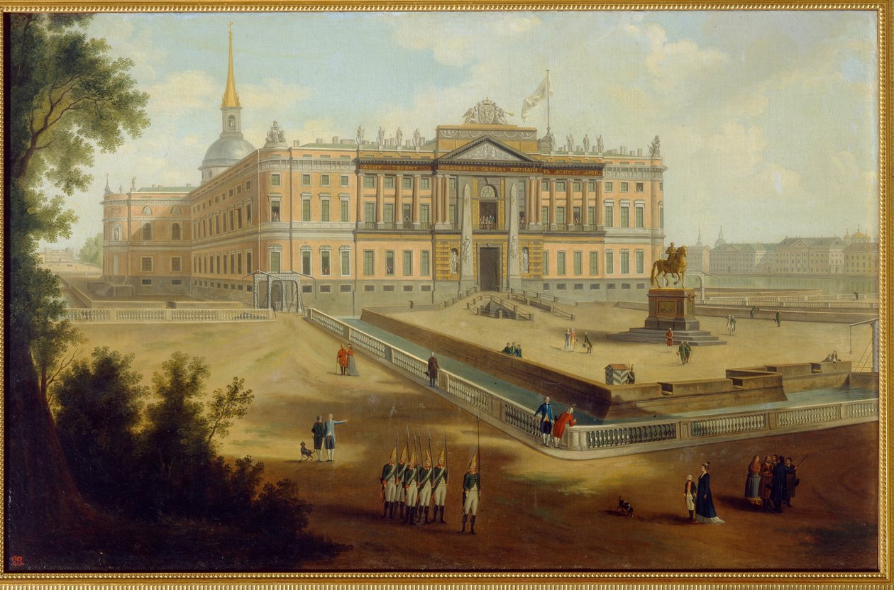 Vue du palais Michel a Saint Petersburg (Utsikt över Michael Palace i St Petersburg). Anonym målning, olja på duk, ca 1800. Rysk konst av School Russian
