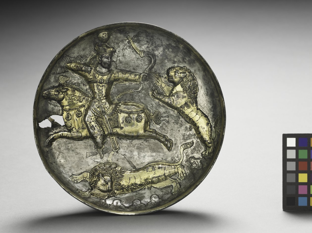 Maträtt: King Hormizd II eller Hormizd III jaktlejon, 400-600 (förgyllt silver) av School Sasanian