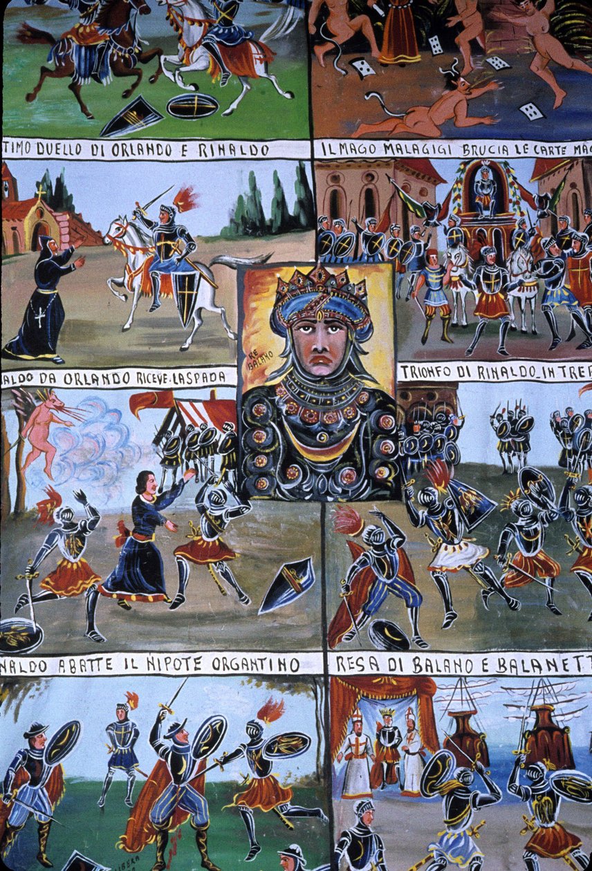 En dockteaterdekor vid namn Puppi, som tillhör en siciliansk tradition som går tillbaka till antiken och som syftar till att berätta historien om invasioner och normandiska erövringar. Palermo, Sicilien, Italien. av School Sicilian