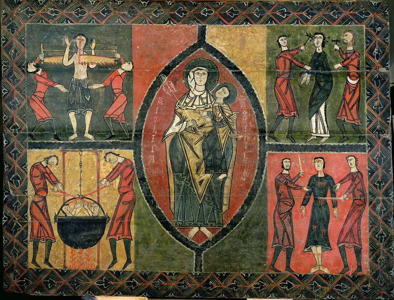 Altare föreställande S:t Quirze och S:t Julita med fyra tillhörande scener av helgonens martyrskap, kyrkan Sant Quirze i Santa Julita, Durro (tempera på pannå) av School Spanish