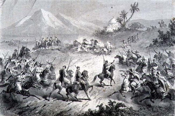 Ett äventyr, resenärer attackerade av brigander, illustration från "The Return to the World" (gravyr) av School Spanish