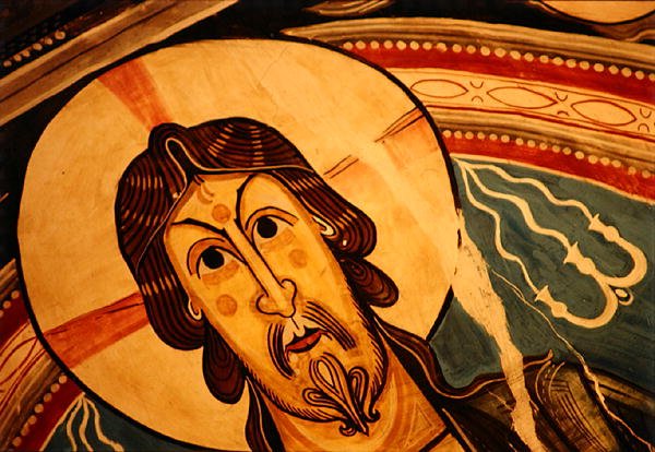 Kristus i majestät flankerad av serafer och symboler för evangelisterna, kopia av original från 1100-talet (fresk) (detalj) av School Spanish