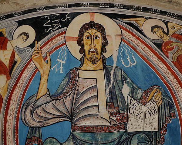 Kristus i Majestät flankerad av serafer och symboler för evangelisterna, kopia av original från 1100-talet (fresk) av School Spanish