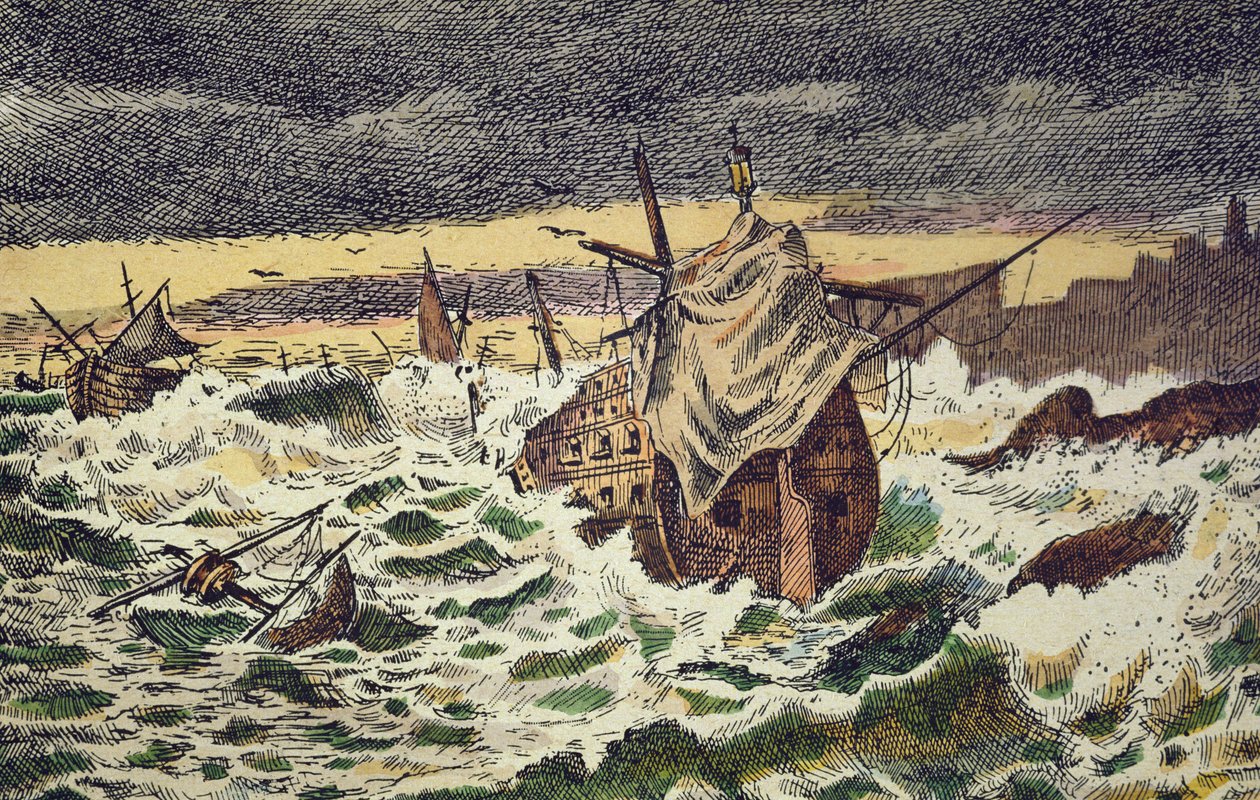 Förstörelse av stormar av den oövervinnerliga spanska armadan, skickad av kung Filip II mot England 1588 (handfärgad gravyr) av School Spanish