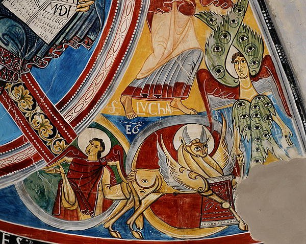 Evangelisk symbol för St. Luke, kopia av original från 1100-talet (fresk) av School Spanish