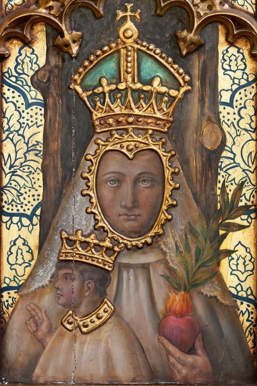 Hermitage (Hermitage av Nuestra Señora de La Plaza). Interiör. Altaret. Detalj av altaret. Altare (målning) av School Spanish