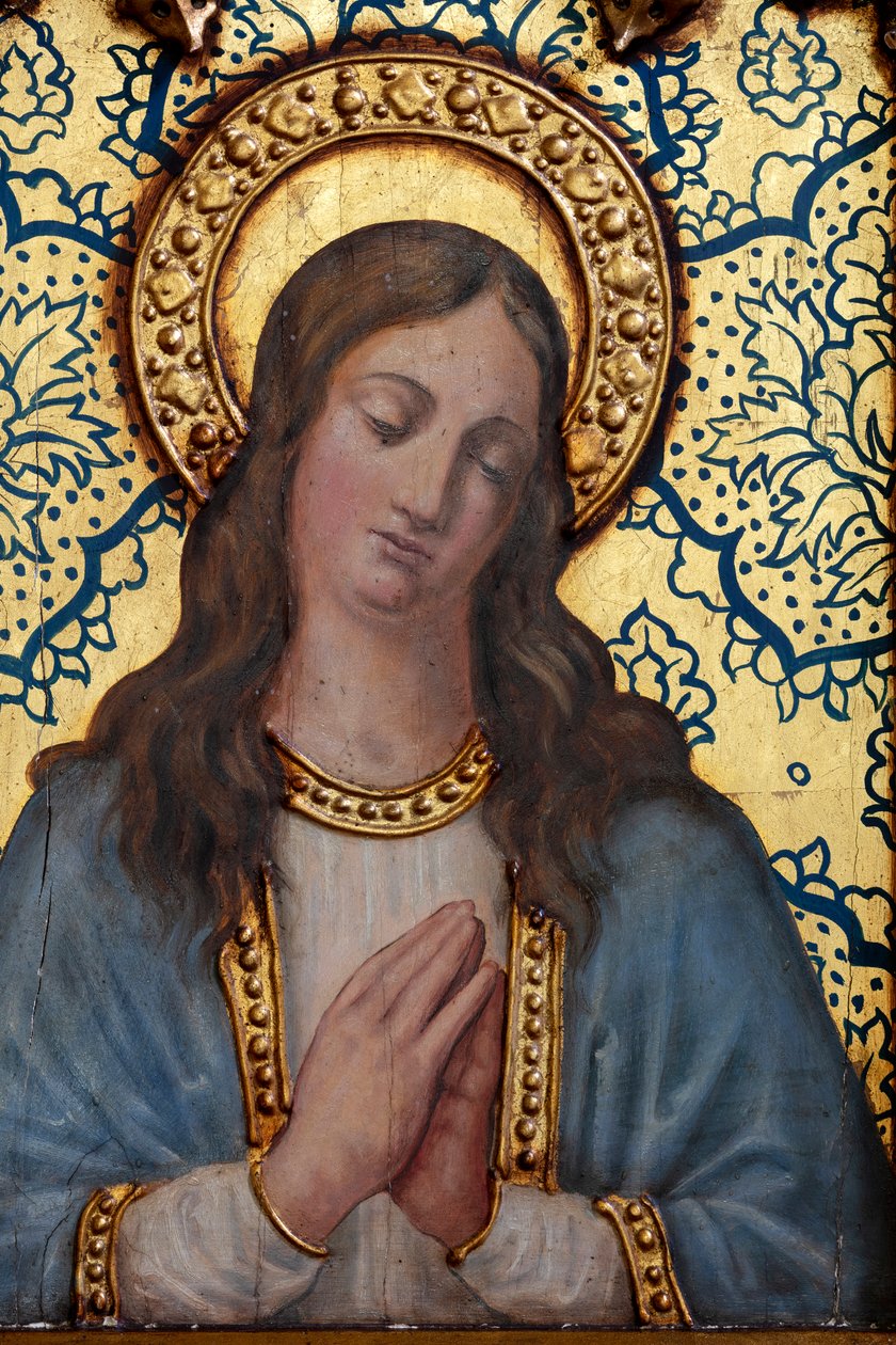 Hermitage (Hermitage av Nuestra Señora de La Plaza). Interiör. Altaret. Detalj av altaret. Altare (målning) av School Spanish