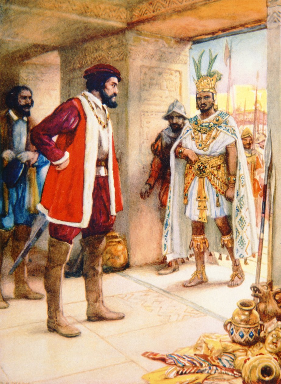 Hernan Cortes gör Montezuma till gisslan 1519 (färg litho) av School Spanish