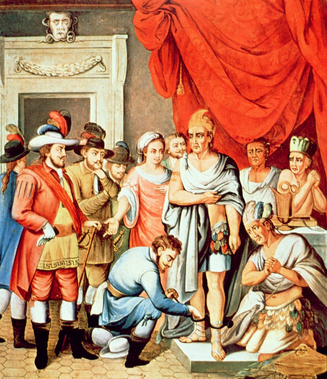 Hernan Cortes beordrar att bojor sätts på anklarna på Montezuma (färg litho) av School Spanish
