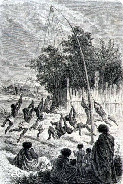 Maori Warriors Playing on a Gun, illustration från "The Return to the World" av School Spanish