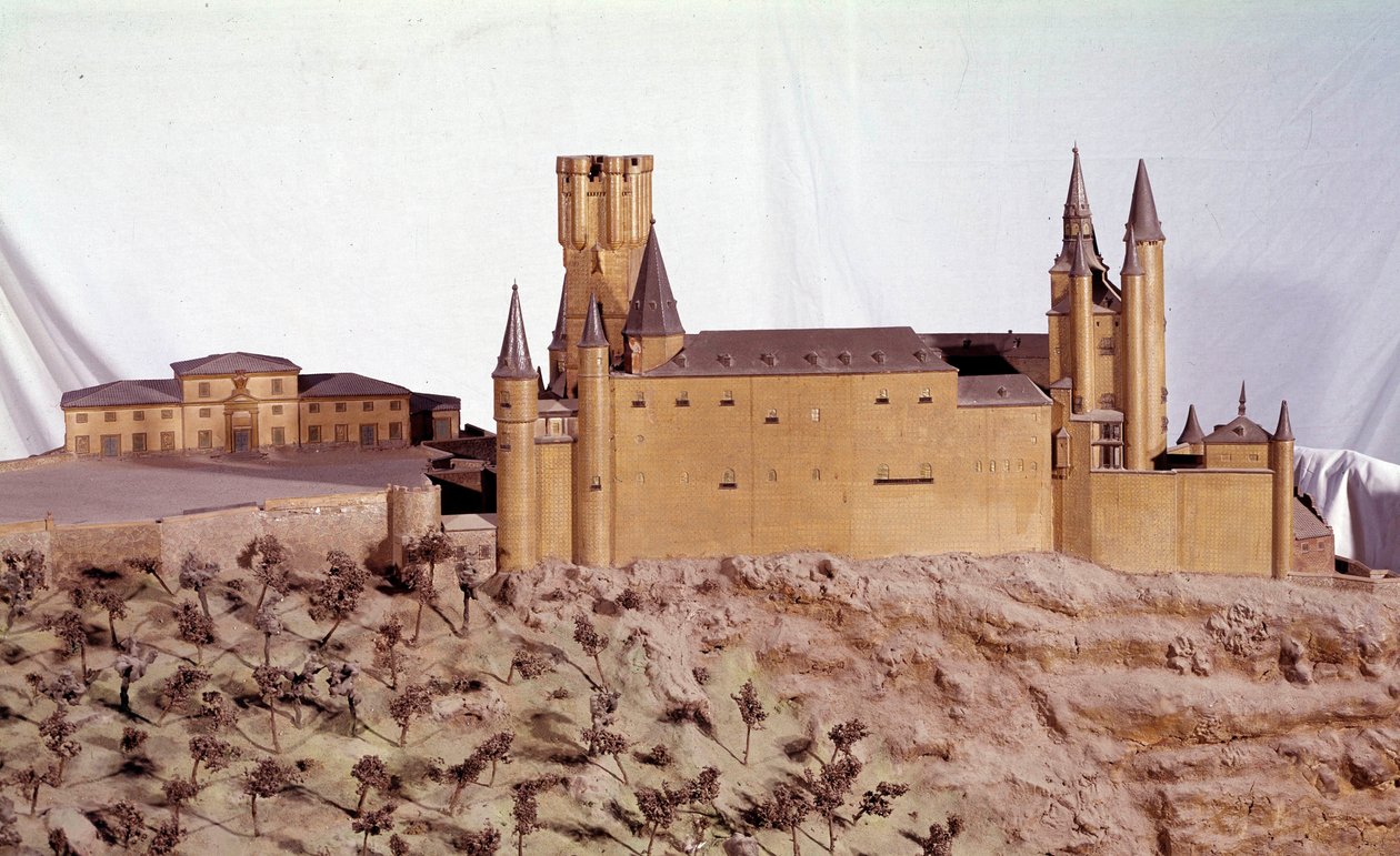 Militär arkitektur: miniatyrmodell av Royal Alcazar i Segovia byggd av kung Alfonso VI av Kastilien. Armeemuseet i Madrid. av School Spanish