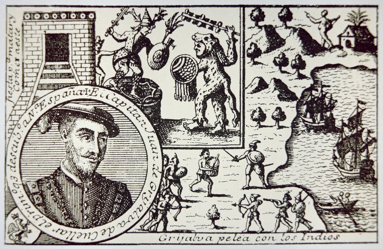 Spanjorer under Juan de Grijalva landar vid Yucatan och engagerar Maya-krigare i slaget vid Champoton, maj 1518 (litho) av School Spanish