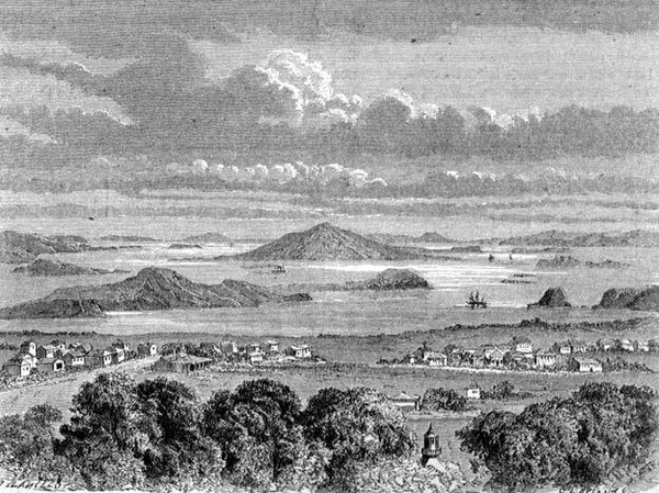 Utsikt över Aucklands hamn, illustration från "The Return to the World" av School Spanish