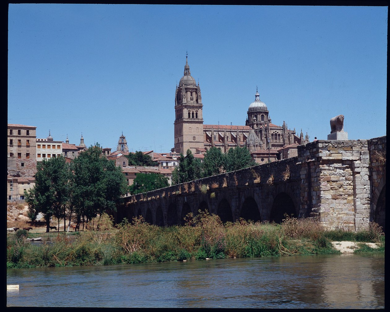 Vy över den romerska bron över floden, Tormes och katedralen av School Spanish