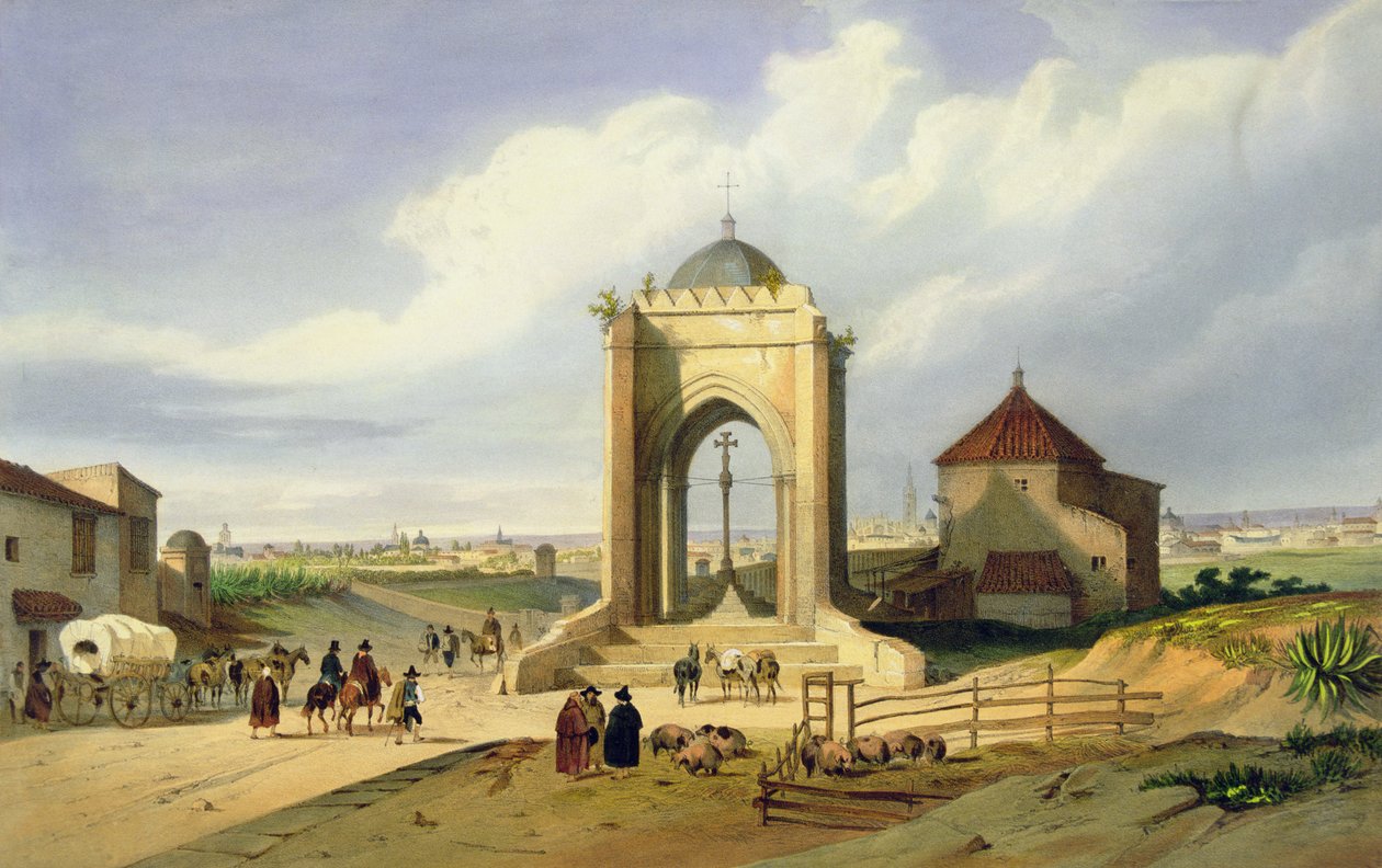 Utsikt över staden Sevilla från Cruz del Campo (färg litho) av School Spanish