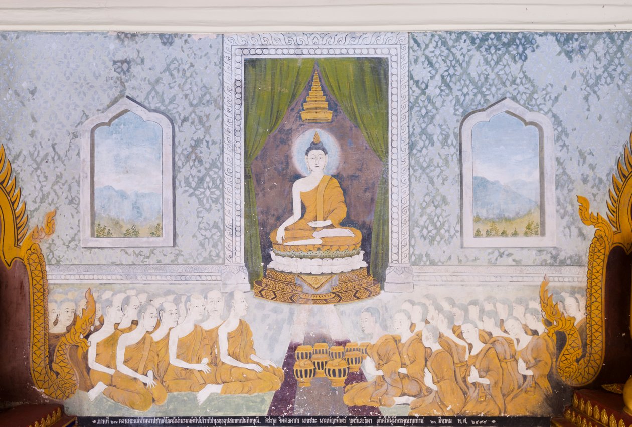 Freskomålning föreställande en scen ur Buddhas liv, Wat Phra That Doi Suthep-templet (freskomålning) av School Thai