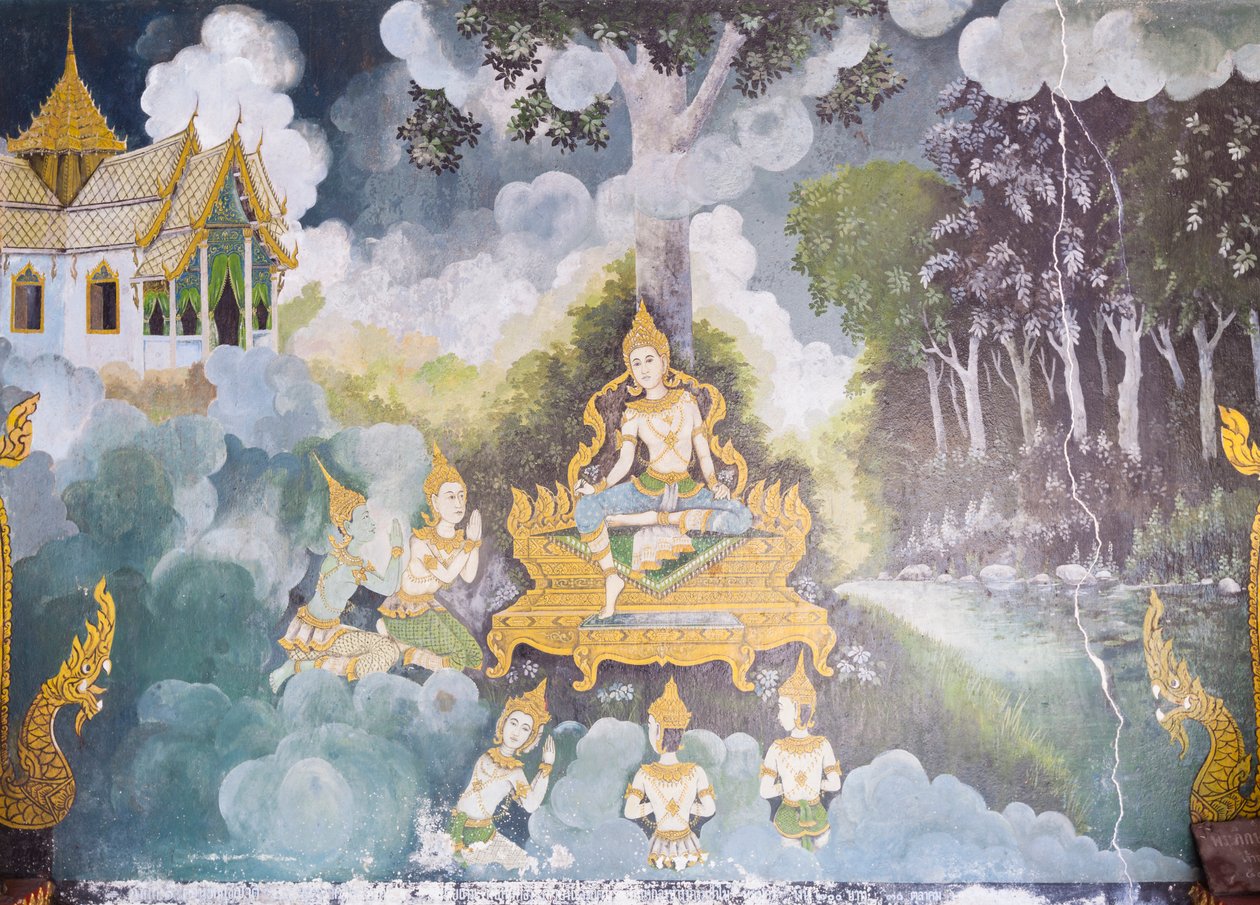Freskomålning föreställande en scen ur Buddhas liv, Wat Phra That Doi Suthep-templet av School Thai