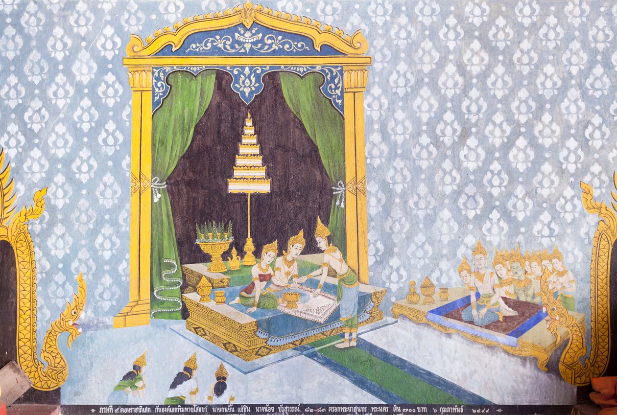 Freskomålning föreställande en scen ur Buddhas liv, Wat Phra That Doi Suthep-templet av School Thai
