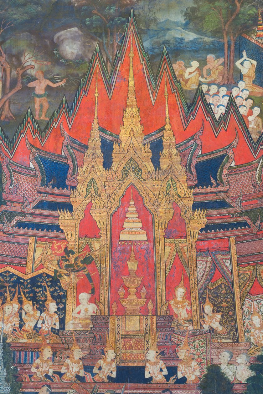 Muralmålningar i Buddhaisawan-kapellet som visar Indra som kommer ner från himlen strax efter Buddhas kremering och rycker åt sig den mest värdefulla reliken, en tand som är gömd i brahminens chignon av School Thai