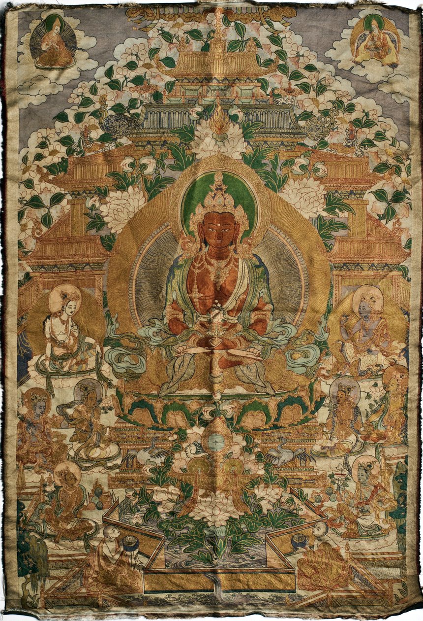 Amitabha (det rena landets buddha) - Tibetansk målning, pigment och guld på tyg, slutet av 1800-talet, 74x51 cm - (Amitayus Buddha Thangka, Tibetansk kultur, Pigment och guld på textil, Slutet av 1800-talet) - Privat samling av School Tibetan