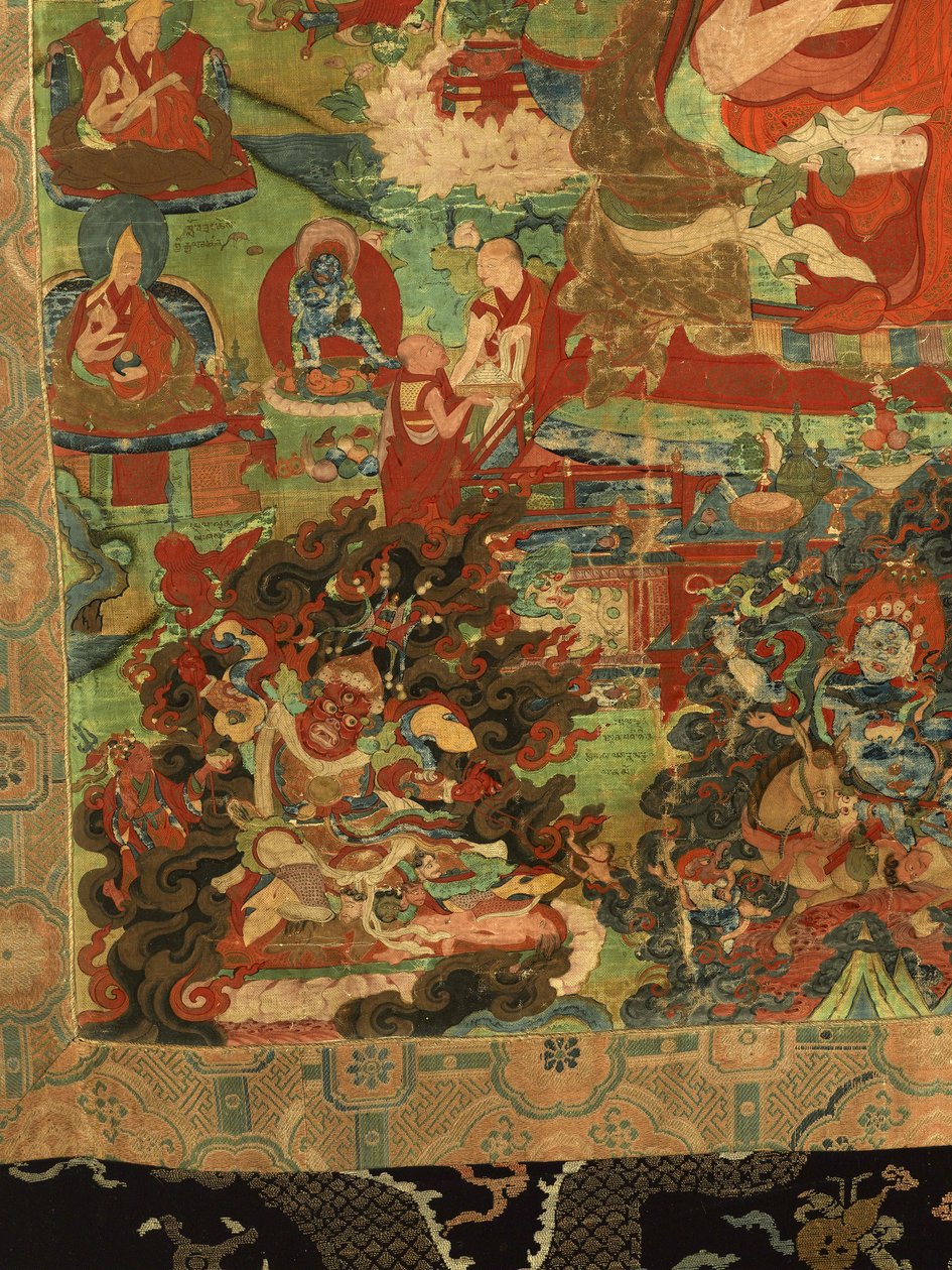 Detalj av tredje Panchen Lama Losan Penden Yeshe (gouache på tyg) av School Tibetan
