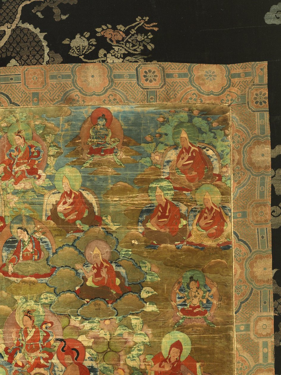 Detalj av tredje Panchen Lama Losan Penden Yeshe (gouache på tyg) av School Tibetan