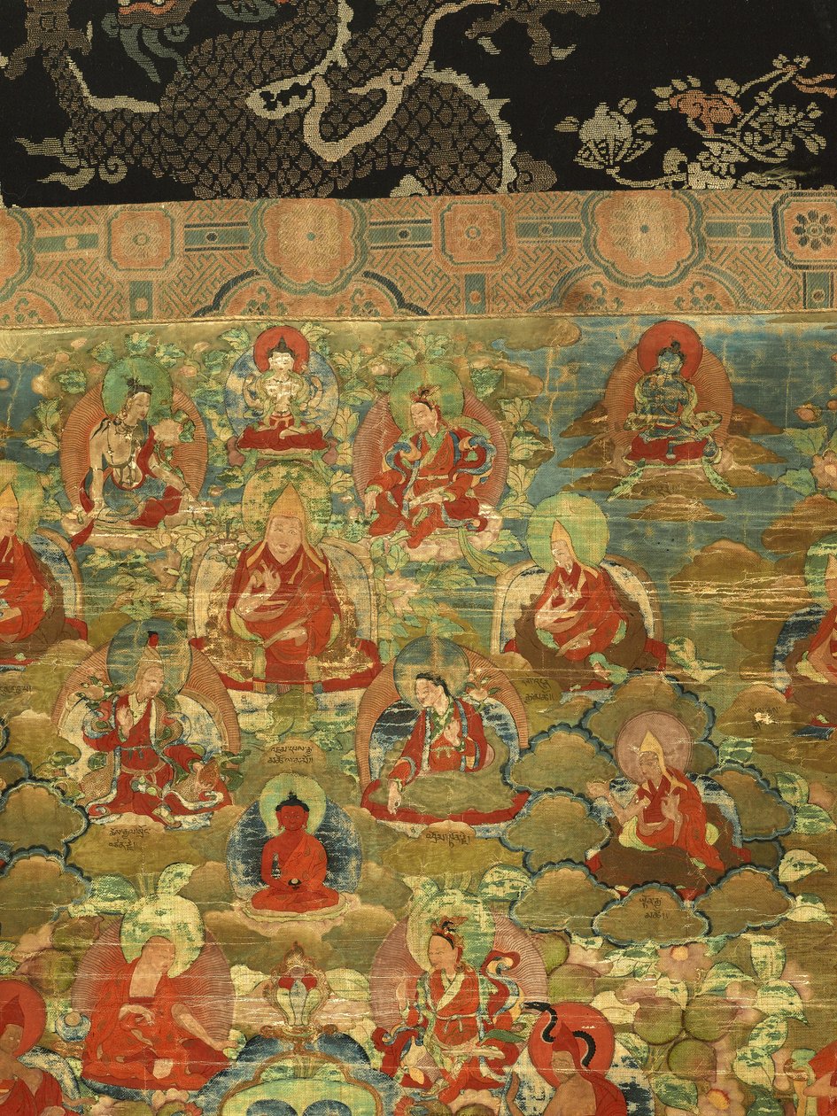 Detalj av tredje Panchen Lama Losan Penden Yeshe (gouache på tyg) av School Tibetan